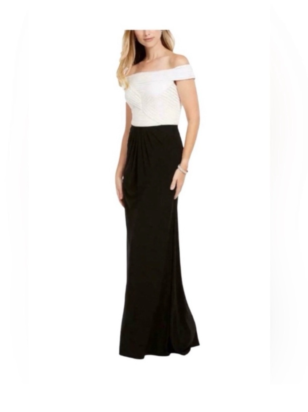 Adrianna Papell Off-Shoulder Two-Tone Maxi Dress - White & Black
